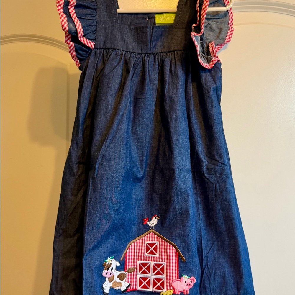 Chambray Barn Applique Girls Dress with Gingham Trim